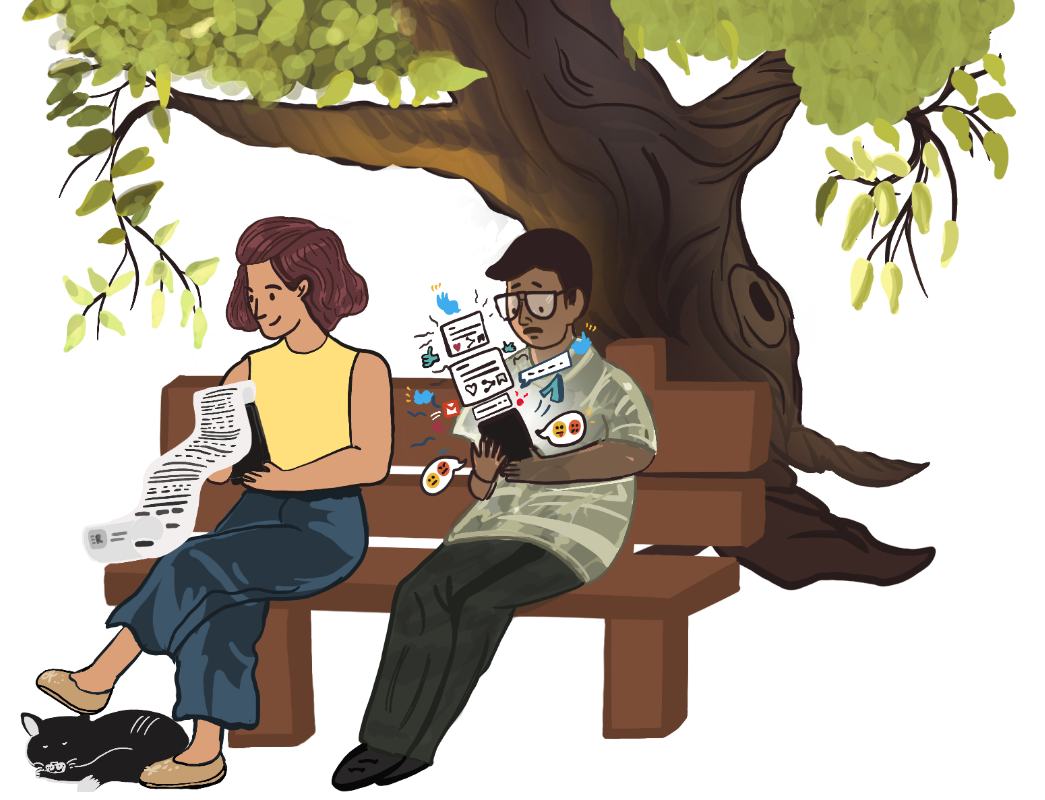 A woman and man sit on a bench under a tree.
							The woman enjoys reading a long article on her phone, the man is scrolling through social media feeds.
